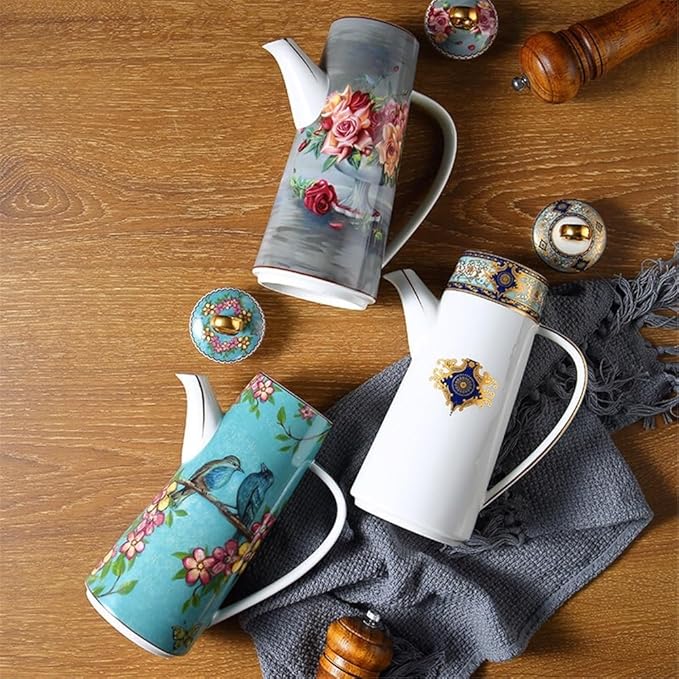 Water Pitcher Ceramic Teapot With Lid Water Pitcher Kitchen Butter Bottle Flower & Bird Finished Wedding Gifts Party Presents 650ML Glass Pot(Pink)