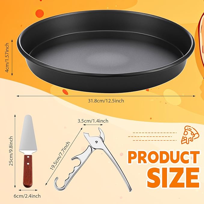 Reallnaive 3 Pcs Round 12 Inch Deep Pizza Pan Baking Tray Include 1 Non-stick Cake Mold, 1 Square Shovel, 1 Tray Clip, Pizza Dish Baking Sheet for Oven