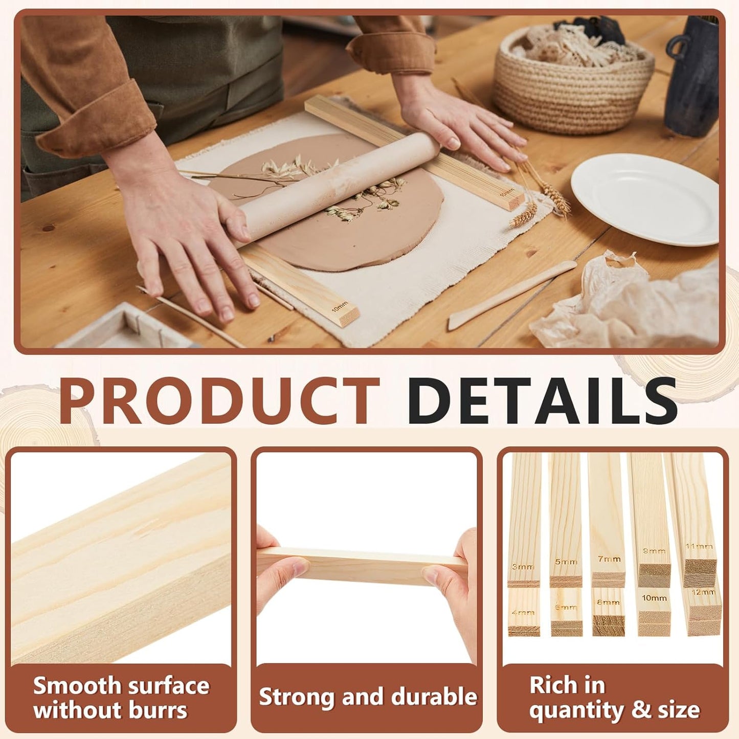 Sasylvia 20 Pcs Pottery Teaching Rolling Mud Stick Guide Mudboard Guide Wooden Strips Rolling Pin Guides Pottery Tools and Supplies for Manual Polymer Clay Tool Gift Craft(Assorted Sizes)