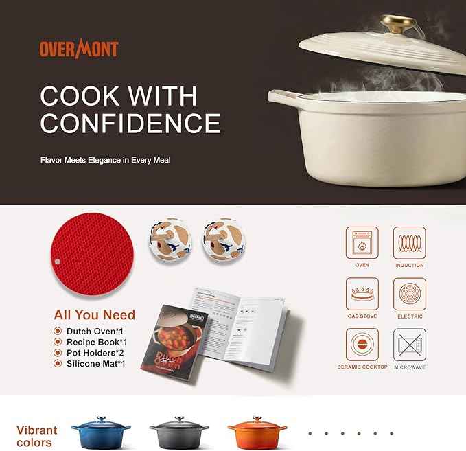 Overmont Enameled Cast Iron Dutch Oven - 5.5QT Pot with Lid Cookbook & Cotton Potholders - Heavy-Duty Cookware for Braising, Stews, Roasting, Bread Baking White