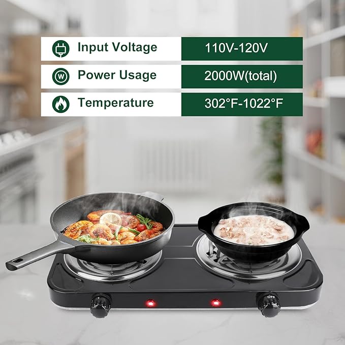 Double Burner Cooktop, 2000W Portable Electric Stove, 5 Level Temperature Control, 6” Heating Coil, Easy to Clean, Power Indicator Lights, Coil Hot Plate for Home Dorm Camping Cooking