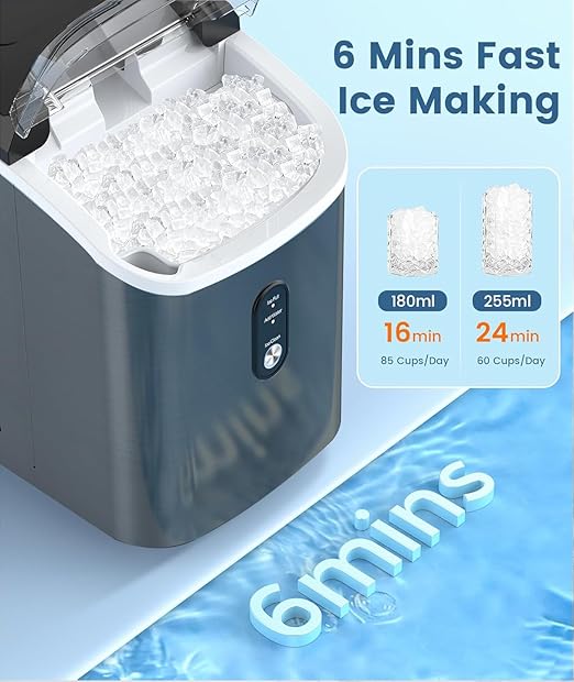 Antarctic Star Countertop Nugget Ice Maker, 34 Lbs/24H, Stainless Steel Pebble Ice Machine, One-Click, Self-Cleaning, Compact Ice Maker with Basket & Scoop, for Kitchen Office Bar, Steel Black