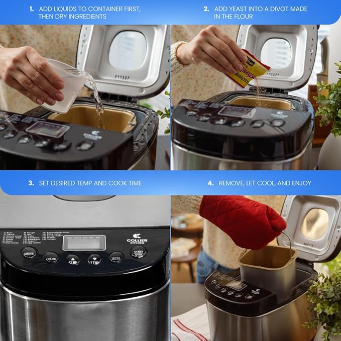 Automatic Bread Maker – Compact Home Bread Machine with 15+ Settings, Viewing Window & Adjustable Crust Control – 2lb Capacity Non-Stick Pan – Stainless Steel