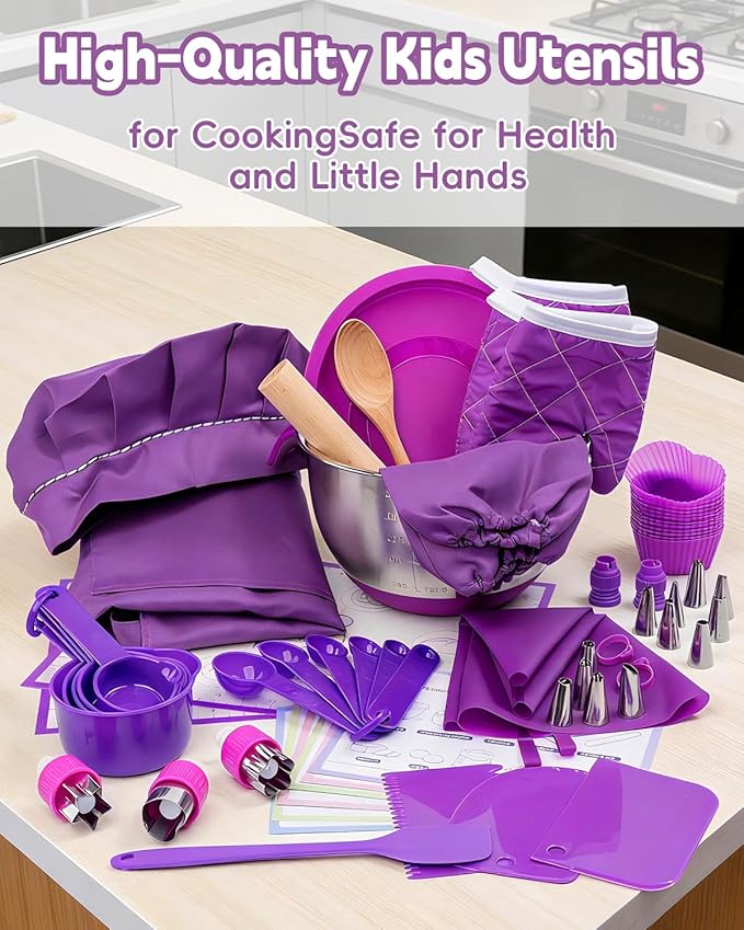 Kids Baking Set–Real Cooking Set for Kids with Kids Cooking Utensils & Kitchen Accessories, Measuring Tools & Baking Supplies,Great Gift for Pretend Play & Montessori Learning (Purple)