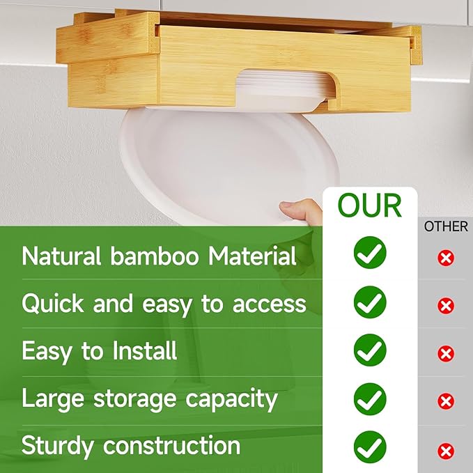 Paper Plate Dispenser Under Cabinet 9 inch Bamboo Paper Plate Dispenser, Kitchen Counter Vertical Holder Organizer Countertop Caddy (9 Inch Natural)