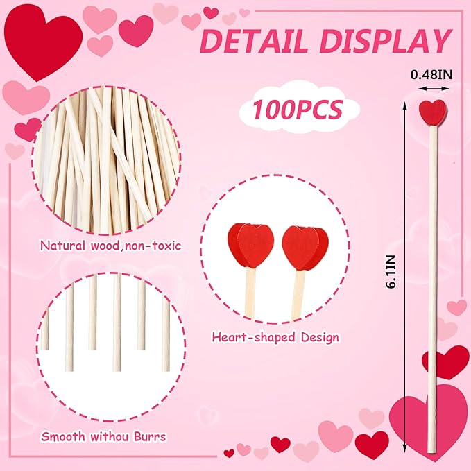 100 Pcs 6 Inch Red Heart Shaped Valentine's Day Wooden Swizzle Sticks, Cocktail & Coffee Drink Stirrers, Rock Candy Sticks, Cake Pop Sticks, Lollipop Sticks for Anniversary, Wedding Party