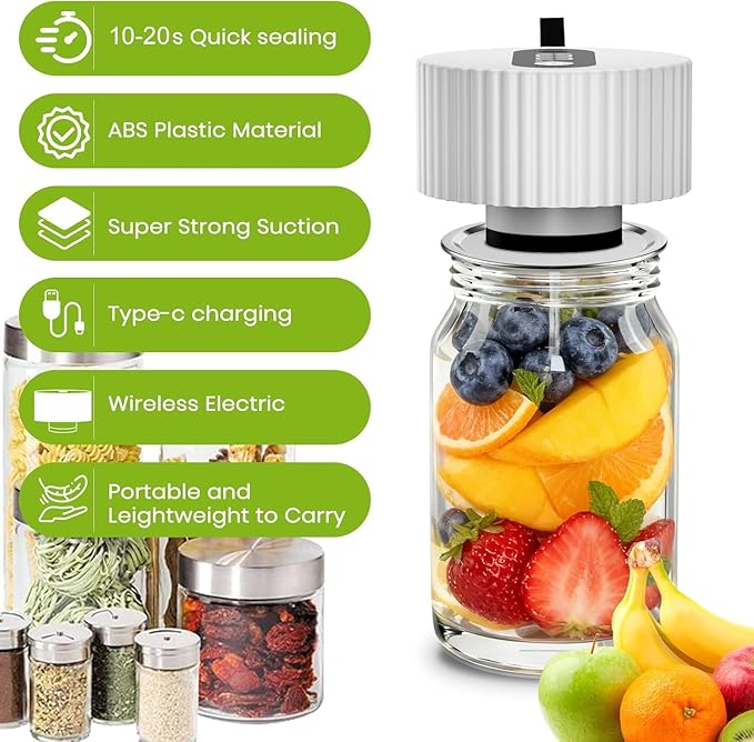 Electric Mason Jar Vacuum Sealer Kit, One-Touch Electric Sealing， for Wide-Mouth Regular-Mouth Mason Jars, Portable Vacuum Sealer for Jars, Gifts for Mom, Grandma(2026 Upgraded)