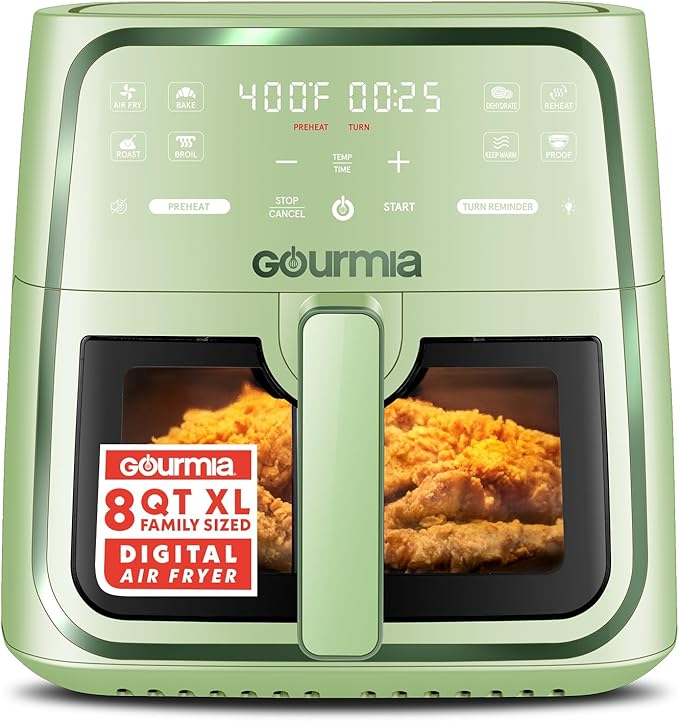 Gourmia 8 Qt Air Fryer, 8 Presets with Digital Display, FryForce 360° Technology, Easy View Window & Interior Light, Dishwasher Safe Basket, Green