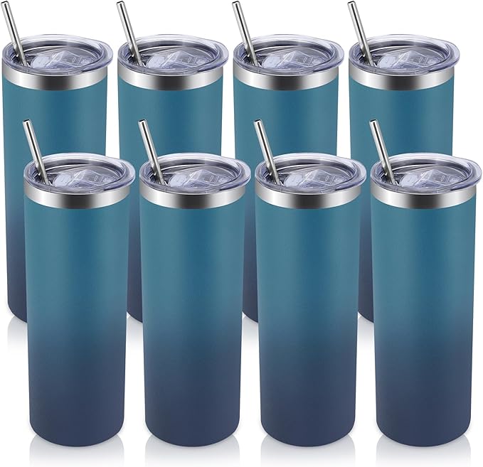 Volhoply 8 Pack Skinny Tumblers with Lid and Straw, 20oz Stainless Steel Straight Tumbler Bulk, Vacuum Insulated Coffee Mug for Home, Office, Travel, DIY (Dark Night,8 Pack)