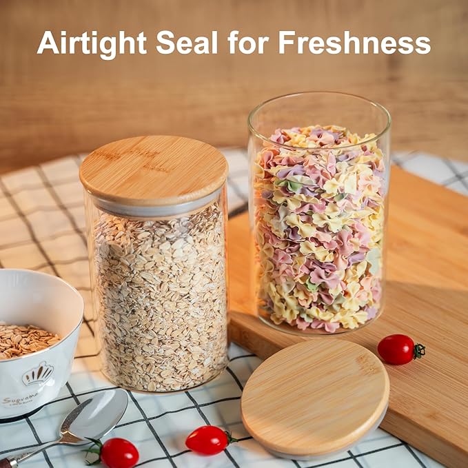 Liuruiyu Glass Food Storage Jars 6-Pack 37oz - 4x6 in-Clear Glass Food Canisters with Bamboo Lid Airtight For Serving Tea, Coffee, Flour, Sugar, Candy, Cookie, Spice and More (Circular)