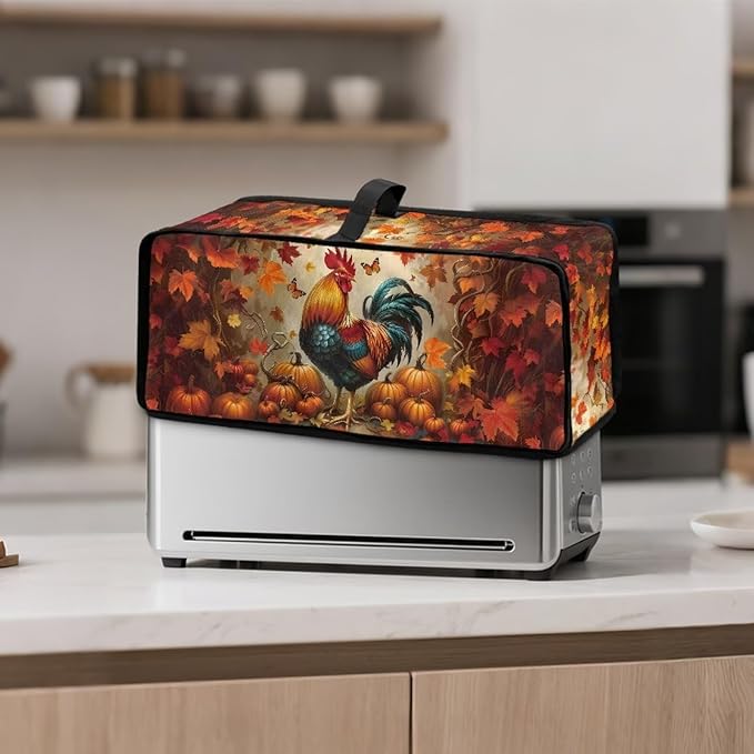 Thanksgiving Toaster Cover 2 Slice Maple Leaf Rooster Cover for 2 Slice Slim Toaster, Water-Resistant Dust Covers for Kitchen Appliances, Machine Washable