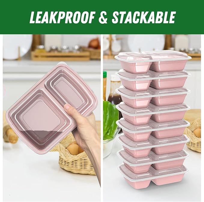 Dealusy 50 Pack (100-Piece) 28 oz Meal Prep Containers Reusable with Lids 2-Compartment, Sturdy Leakproof Food Safe, Microwave Freezer Dishwasher Safe, To Go Take Out Plastic Food Storage, Pink