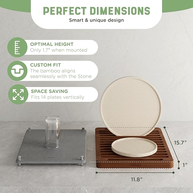 NIUM Stone Drying Mat for Kitchen Counter & Bamboo Rack - 16″x12″ - Diatomaceous Earth Dish drying mat Ultra Absorbent & Fast Drying - EcoFriendly with Non-Slip Pads & Anti-Moisture Design