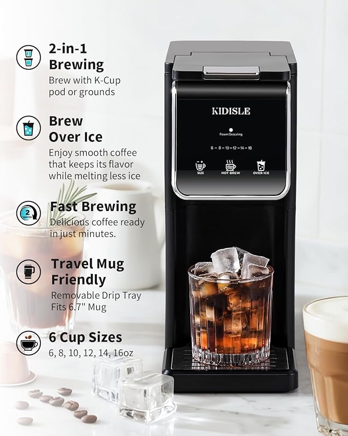 KIDISLE Hot & Iced Single Serve Coffee Maker for K Cup & Grounds, 6–16oz Brew Sizes, 40oz Water Tank, Reusable Pod Filter, Easy-to-Use for Home, Office, Dorm, Black
