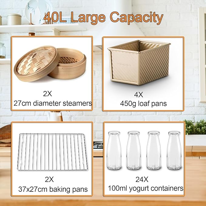 40L Bread Proofer, Kitchen Dough Yogurt Bread Proofing Box with Adjustable Temperature, Removable Electric Dough Proofer, Timing and Humidity Control for Even Fermentation