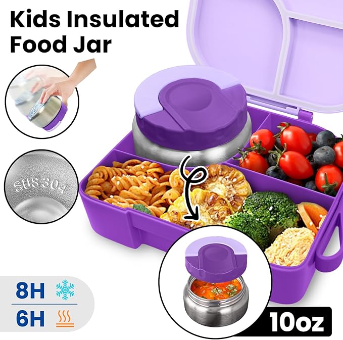 TinyPalsa Bento Box for Kids, 3 Compartment Kids Lunch Box with 10oz Leak Proof Thermos Food Jar, Easy-Open Latch, Dishwasher Safe, Ideal for School, Daycare, Travel with Portable Handle (Purple)