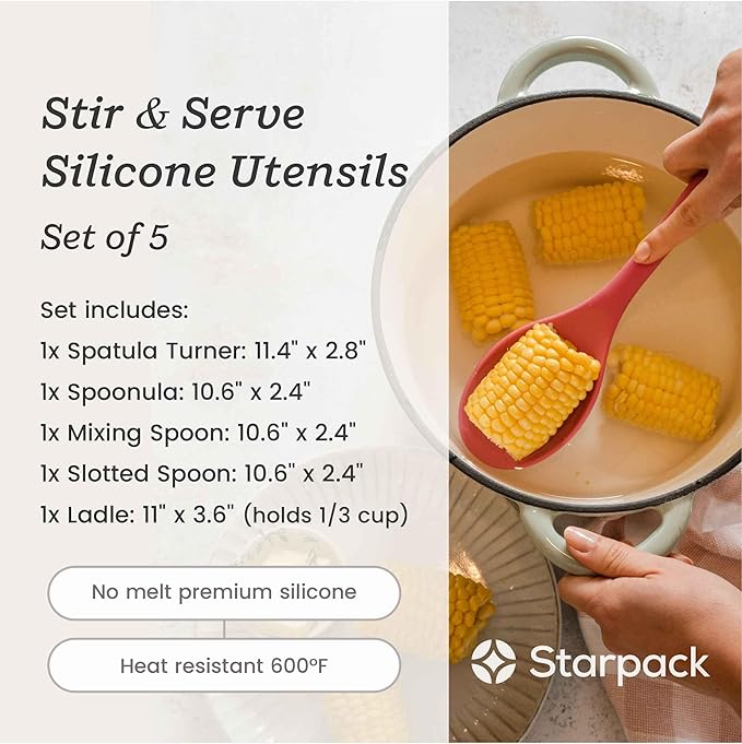 Starpack 'Stir & Serve' Silicone Cooking Utensils Set (5 Pcs) 10.5" - Kitchen Utensils Set Heat Resistant to 600°F - Kitchen Utensils for Nonstick Cookware - Silicone Utensil Set for Mixing & Cooking