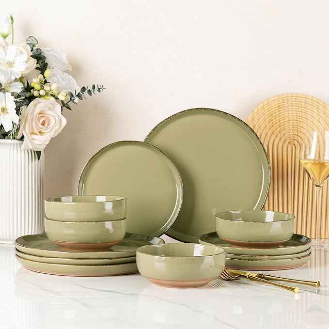 AmorArc Ceramic Dinnerware Sets for 4, 12 Pieces Handpainted Plates and Bowls Set with Rustic Terracotta Underside, Scratch Resistant Stoneware Dishes Set, Dishwasher & Microwave Safe, Olive Green