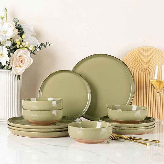AmorArc Ceramic Dinnerware Sets for 4, 12 Pieces Handpainted Plates and Bowls Set with Rustic Terracotta Underside, Scratch Resistant Stoneware Dishes Set, Dishwasher & Microwave Safe, Olive Green