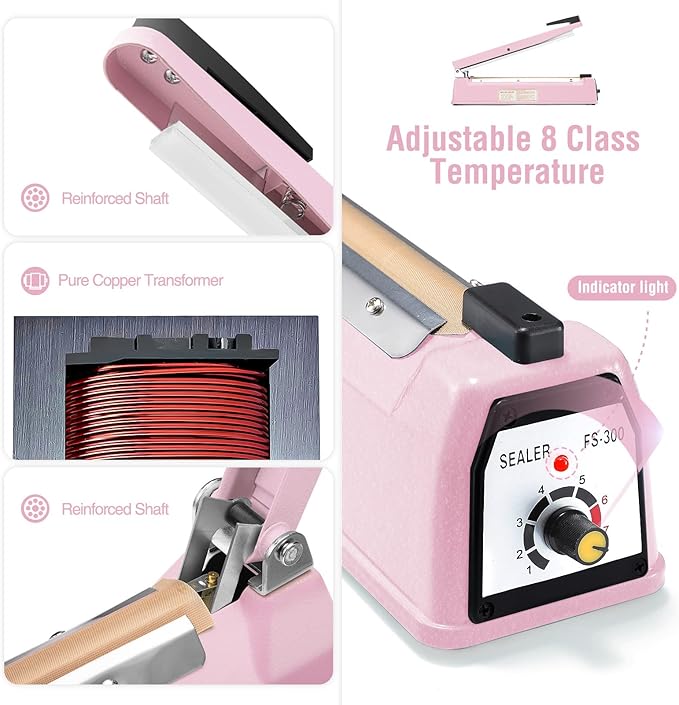 METRONIC Impulse Sealer 12 inch, Manual Heat Sealer Machine for Plastic Bags, Shrink Wrap Bag Sealers Heavy Duty Sealing Machine with Repair Kit (Pink)
