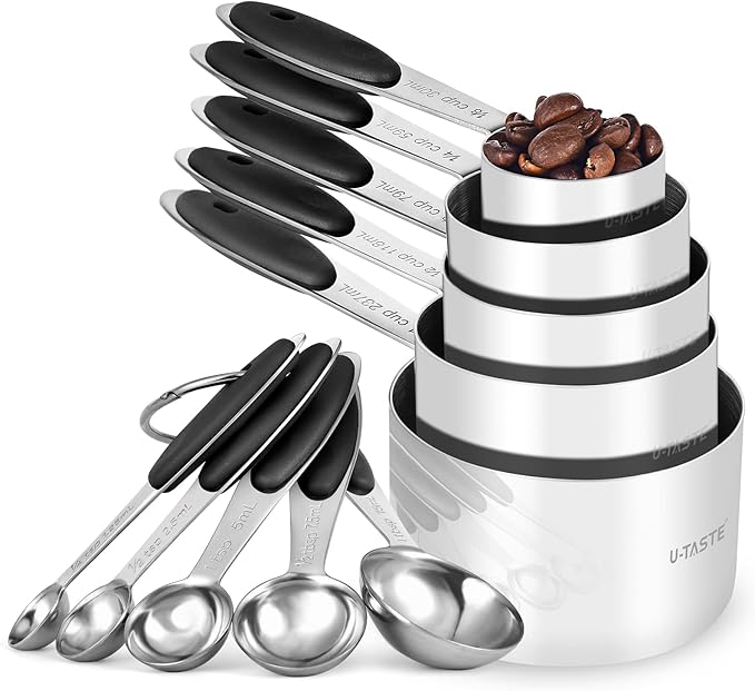 Measuring Cups and Spoons Set: U-Taste 18/8 Stainless Steel 10 Pieces Metal Stacking Kitchen Baking Cooking Food Measure Set 5 Cups 5 Spoons with Strengthened Weld Joints (Black, Upgraded Version)