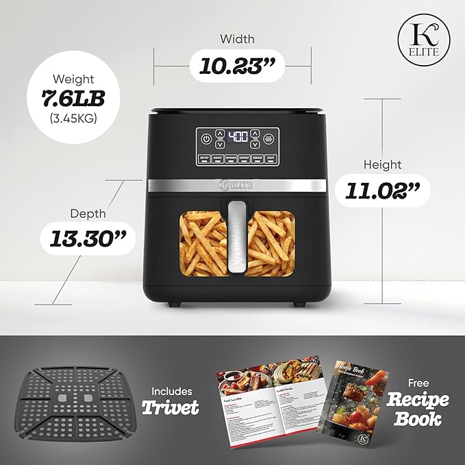 Kitchen Elite 5 Qt Large Digital Air Fryer Oven Family Size Countertop Oil-Free Cooker with Viewing Window & Light, PFAS-Free Nonstick Basket, Black