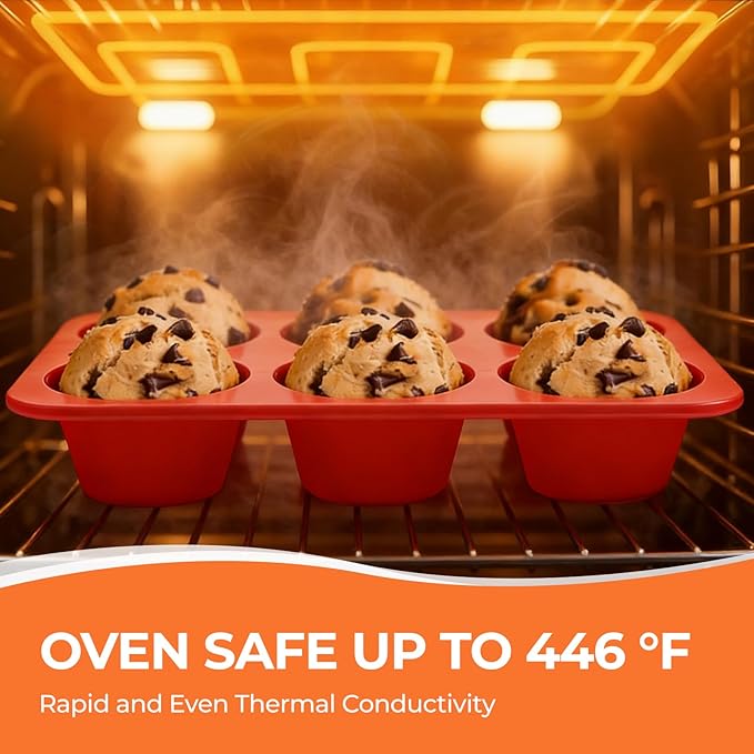 CAKETIME Silicone Jumbo Muffin Pan, 3.5 Inch Silicone Texas Muffin Pan 6 Cup Large Cupcake Pan Nonstick BPA Free Silicone Molds 2 Pack Red