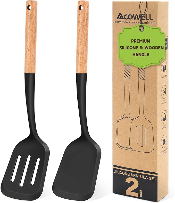 Pack of 2 Silicone Spatula Set with Elegant Wooden Handle, Heat Resistant Solid & Slotted Turner for Non Stick Pans, Great Kitchen Spatulas, Cooking Utensils for Sautéing, Frying, Flipping -Black