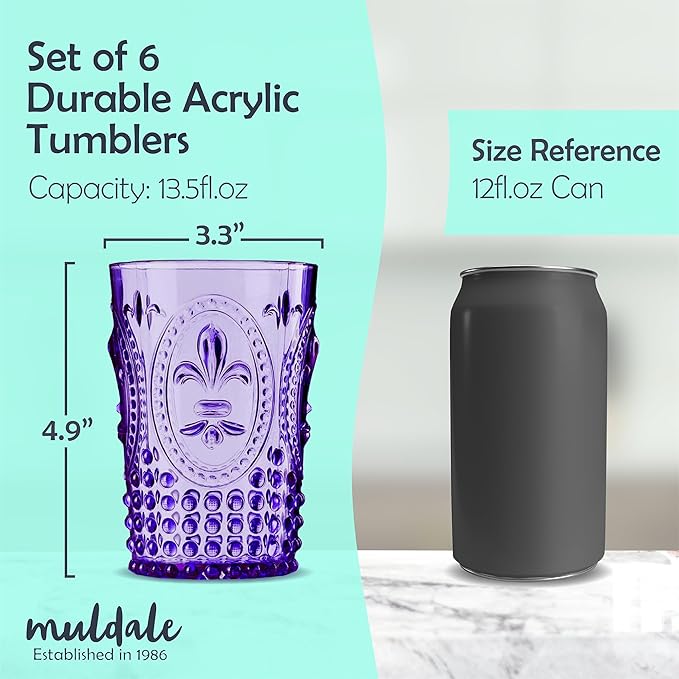 Muldale Vintage Plastic Drinking Glasses Set of 6 - Colored Acrylic Party Highball Tumblers 13.5oz - Boho Stackable Unbreakable Pool Glasses for Adults - BPA Free