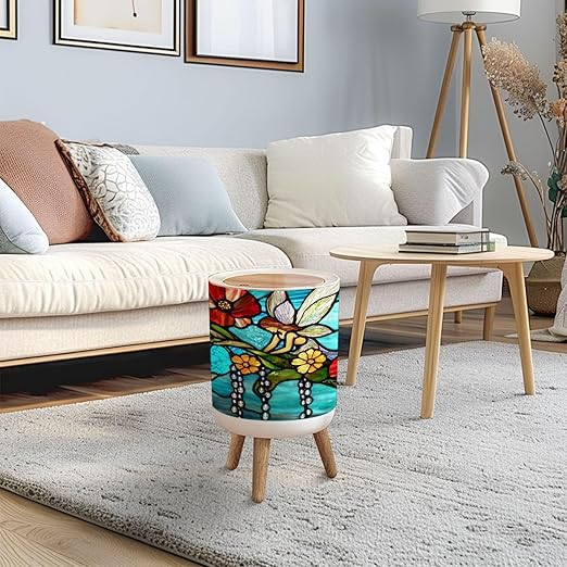 Trash Can with Lid Turquoise Backdrop Fairy Glass Dew Drops Press Top Round Small Garbage Bin with Wooden Legs Waste Basket for Kitchen Bedroom Nursery 7L/1.8 Gallon