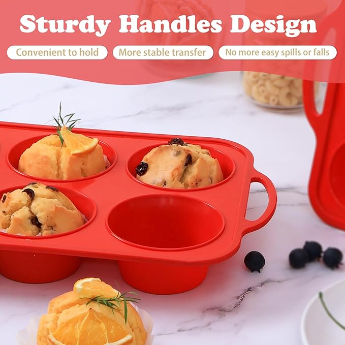 2 Pack Jumbo Silicone Muffin Pan with Metal Frame, Non-stick Large Silicone Cupcake Pan with Handles 6 Cup, Silicon Muffin Tin Tray for baking, egg bites, Cupcake Mold, BPA Free Red