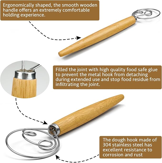 CAMKYDE 13-Inch Danish Dough Whisk and Scraper, Wooden Danish Whisks for Dough with 18/8 Stainless Steel Dough Hook, Sturdiness Dutch Bread Whisk for Sourdough, Pizza, Pastry, Cake Batter