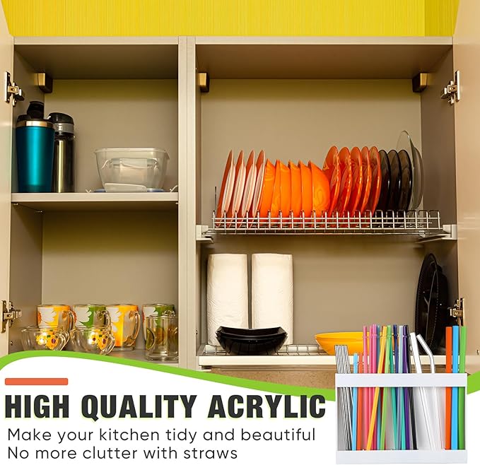 Qinyoung Acrylic Straw Holder for Cabinet Door with Double Sided Adhesive Tape Reusable Straw Organizer Tumbler Storage Kitchen Accessories Container for Counter Cupboard(Classic,Large,White)
