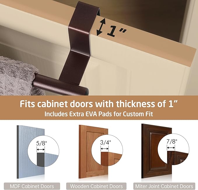 KES Over The Cabinet Towel Holder Fit 1" Thick, Kitchen Towel Holder for Cabinet, Over The Door Towel Bar with Extended Hooks, Brown 2 Pack, KTH500S26-OB-P2