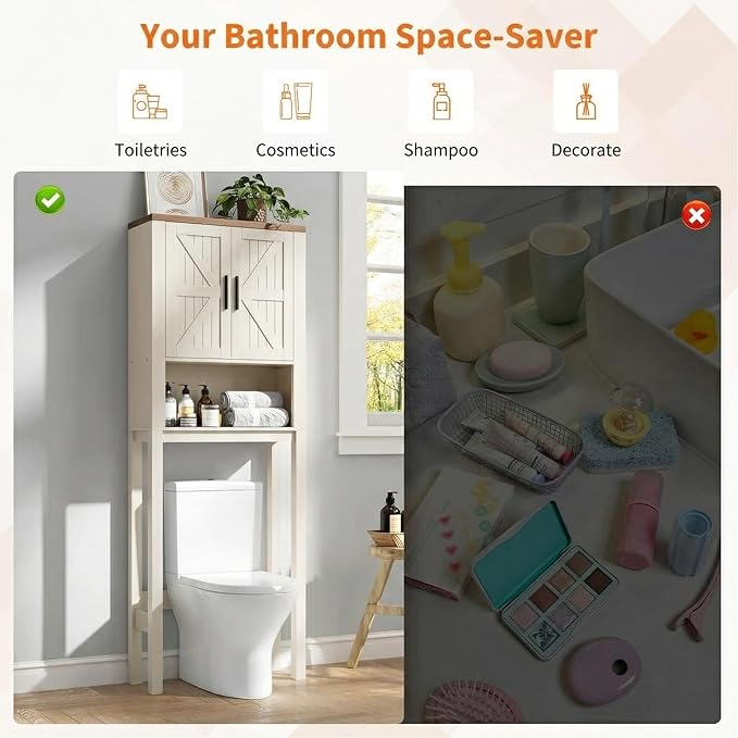 IDEALHOUSE 23.6 Inches Wide Toilet Rack with Over The Toilet Storage Cabinet, Bathroom Shelf Organizer with Anti-Tip Device, Small Freestanding Space Saver with Adjustable Shelf (Beige 23.6" W)