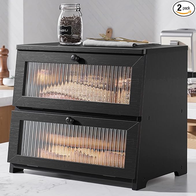 Kitsure Bread Box - Wooden Bread Box for Kitchen Countertop, Large Capacity Kitchen Countertop Organizer, Stylish Bread Storage with Window, Multi-functional Container, Black, 15.0"x13.0"x9.1" (2T)