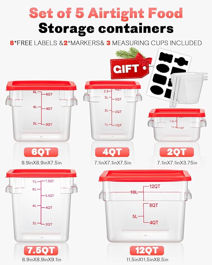 4QT NSF Food Storage Containers: 2 PCS [Food Grade][Hot&Cold Resistant] Commercial Clear Food Storage Containers with Lids for Restaurant Kitchen Proof Dough, Measuring Spoons Included(BPA FREE)