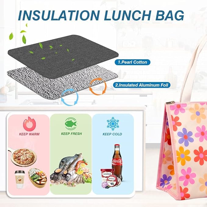 iknoe Insulated Lunch Bag for Women & Adults, 9L Foldable Wide-Open Cooler Bag with Pockets, Leakproof & Portable, for Picnic, Office, Beach(Pink flower)
