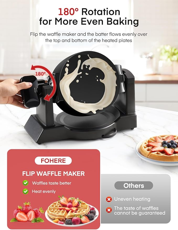 Waffle Maker, 1400W Double Belgian Waffle Iron 180° Flip, 8 Slices in 3 Mins, Rotating & Nonstick Plates, Anti-Scald, Removable Drip Tray Easy to Clean, Cool Touch Handle, Space-Saving Storage(Black)