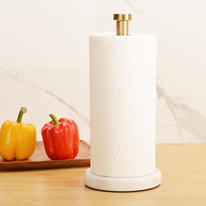 Paper Towel Holder Countertop, Heavy Weighted Marble Gold Paper Towels Holder for Kitchen Counter,Modern Standing Papertowel Roll Holders(Brushed Gold Stainless Steel Bar, White Natural Marble Base)