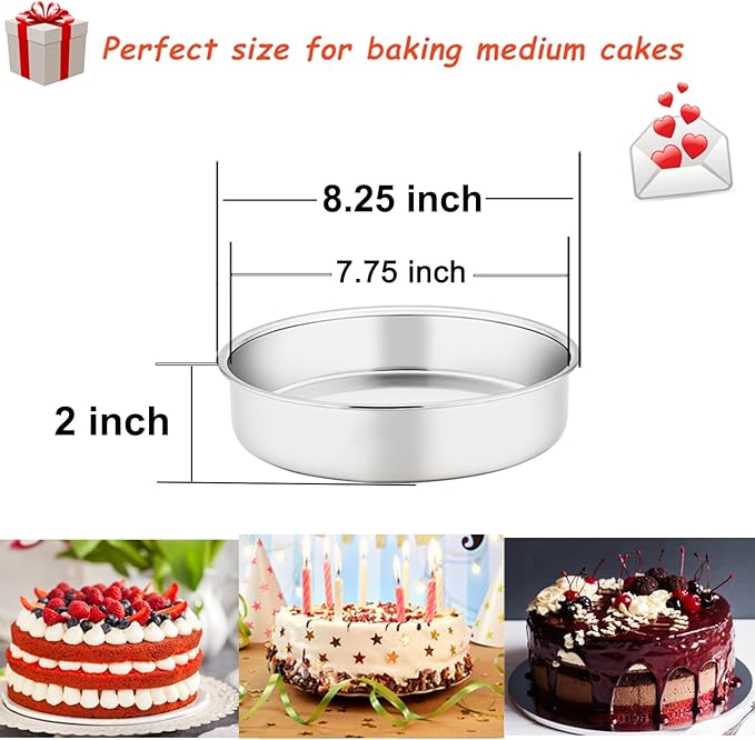 TeamFar 8 Inch Cake Pan, 4 Pieces Stainless Steel Round Tier Baking Cake Pans Set for Baking Steaming, Fit in Oven Pressure Cooker Pot, Healthy & Sturdy, Mirror Finish & Dishwasher Safe
