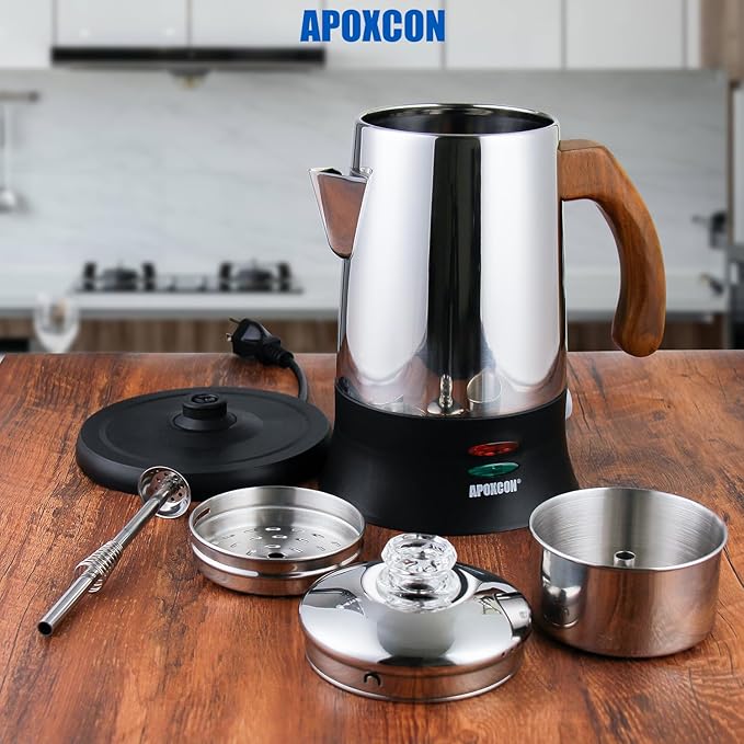 APOXCON Electric Coffee Percolator Stainless Steel Coffee Maker with Tough Glass Clear Brew Progress Knob & On/OFF Switch Keep Warm Cordless Serve for Home and Hotel Room Use Gift Box Packaging 6 Cup