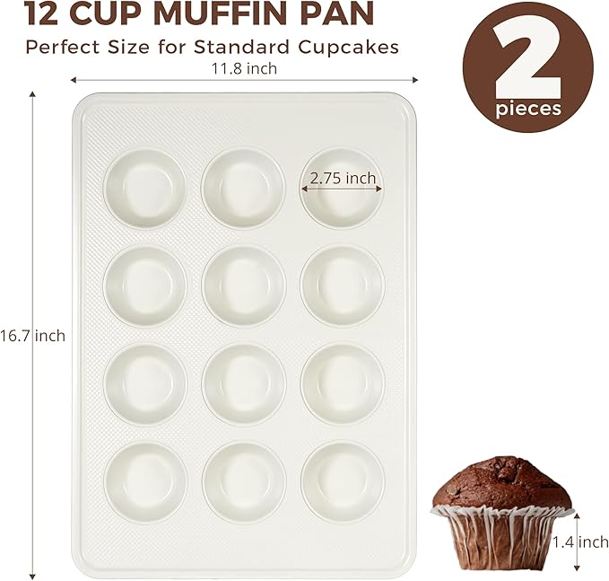 HONGBAKE 2 Pack Nonstick Ceramic Muffin Pan, 12 Cup Muffin tin for Baking, Non-toxic Cupcake Pan, Heavy-duty Aluminized Steel Cupcake Tray with Diamond Texture, Easy To Clean (Cream, 2PCS)