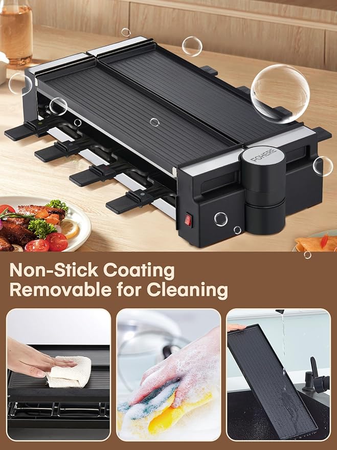 FOHERE Raclette Grill, 2-in-1 Rotatable Electric Indoor Raclette Table Grill, 1400W Raclette Machine for 8 with Reversible Non-Stick Plates, Includes 8 Cheese Pans for Family and Parties Fun
