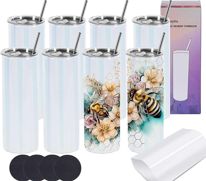 Glitter Sublimation Tumblers 20 Oz Skinny Straight, 8 Pack Stainless Steel Sublimation Glitter Shimmer Tumbler Blanks, Individually Boxed, White