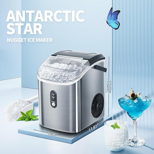 Nugget Countertop Ice Maker with Soft Chewable Ice, 34Lbs/24H, Pebble Portable Ice Machine with Ice Scoop, Self-Cleaning, One-Click Operation, for Kitchen,Office Stainless Steel Silver