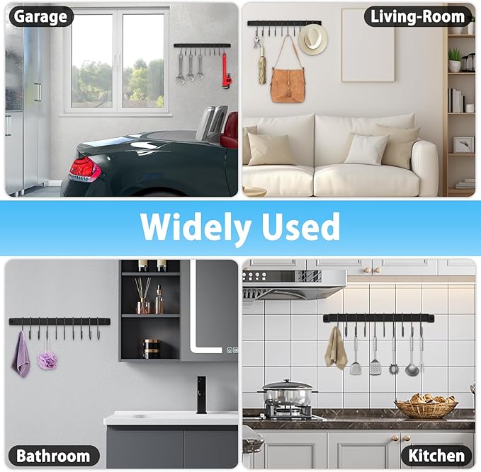 Kitchen Hanger Wall Mounted with 10 Hooks, Wrought Iron Kitchen Rail Utensil Holder Rack, Hanging Pots, Pans, Coffee Mug, Black, 17", 2 Pcs