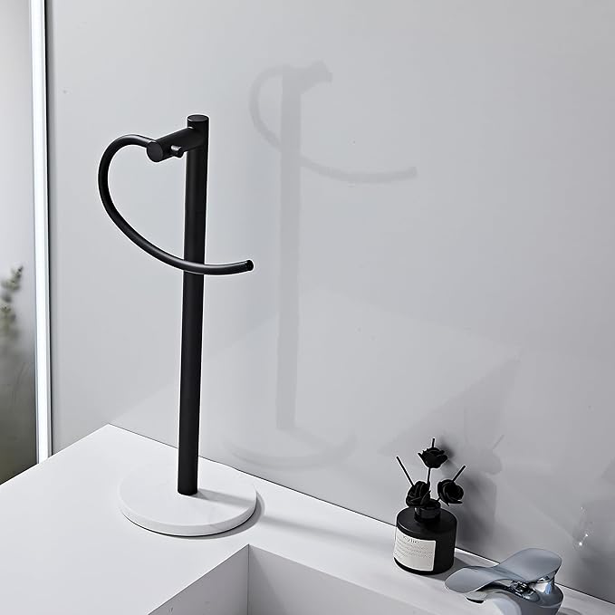 19 Inch Modern Hand Towel Holder Stand with Marble Base, Black Metal, Freestanding Bathroom Counter Towel Rack