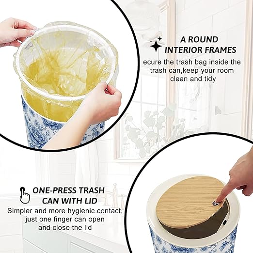 Trash Can with Lid Bloom Vintage floral seamless Spring flowers Blue white Chinoiserie Press Top Round Small Garbage Bin with Wooden Legs Waste Basket for Kitchen Bedroom Nursery 7L/1.8 Gallon
