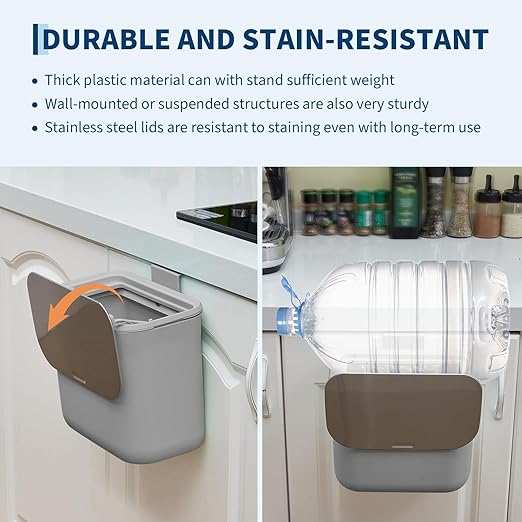 Hanging Kitchen Trash Can with Lid - 1.8 Gallon Small Compost Bin for Cabinet Door, Under Sink - Odor-Sealing Stainless Steel Top Food Waste Bin for RV, Bathroom, Office - Indoor Recycling Bin